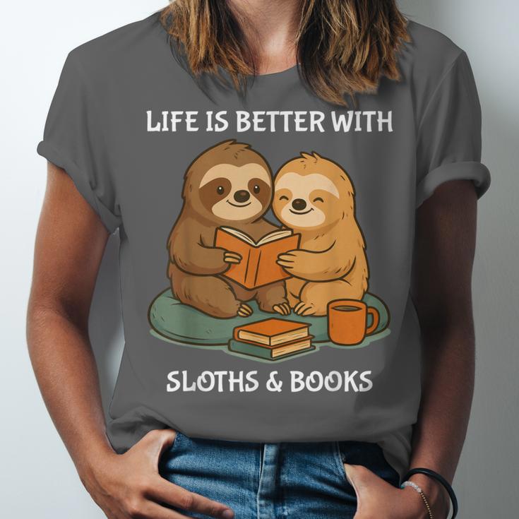 Life Is Better With Sloths And Books Cute Sloth Lover Unisex Jersey T-Shirt