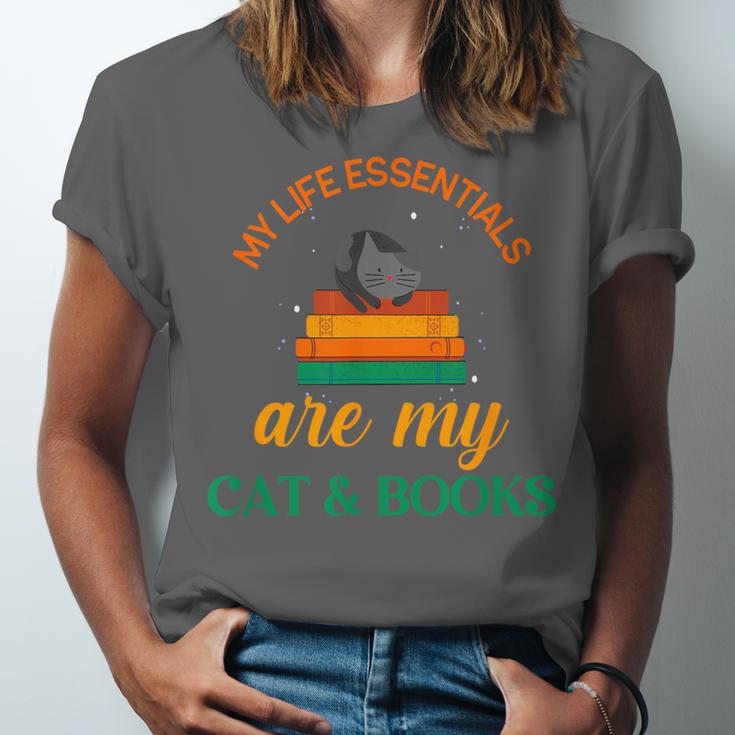 My Life Essentials Are Cat And Books Unisex Jersey T-Shirt