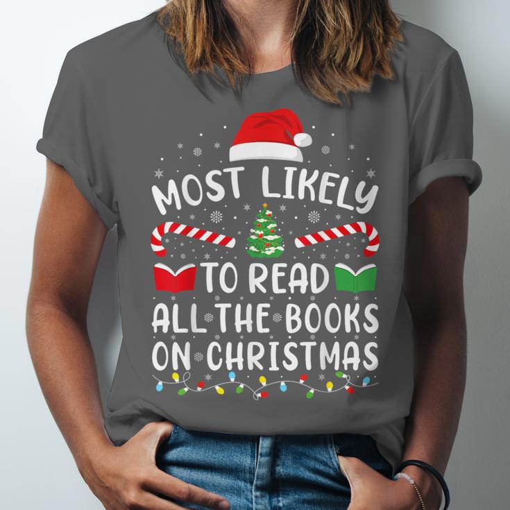 Most Likely To Read A Book On Christmas Family Matching Xmas Unisex Jersey T-Shirt Most Likely To Read A Book On Christmas Family Matching Xmas Unisex Jersey T-Shirt
