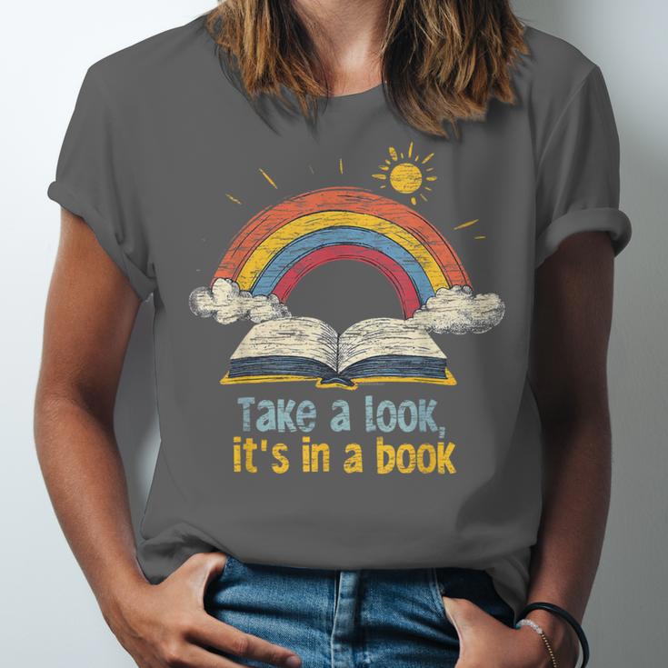 Take a Look It's In a Book Vintage Reading Teacher Rainbow Unisex Jersey T-Shirt Take a Look It's In a Book Vintage Reading Teacher Rainbow Unisex Jersey T-Shirt