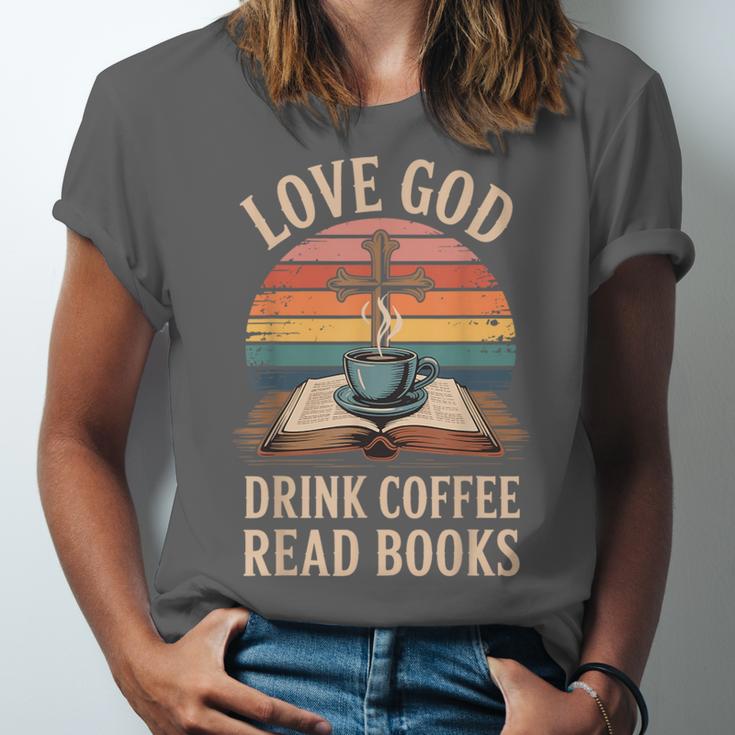 Love God Drink Coffee Read Books Unisex Jersey T-Shirt