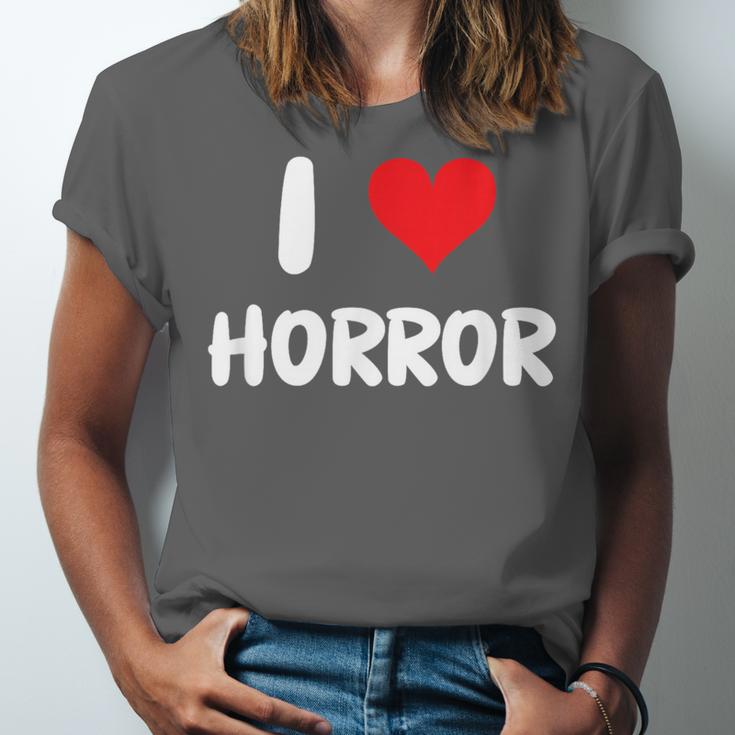 I Love Horror Heart Movies TV Show Books Writing Read Unisex Jersey T-Shirt