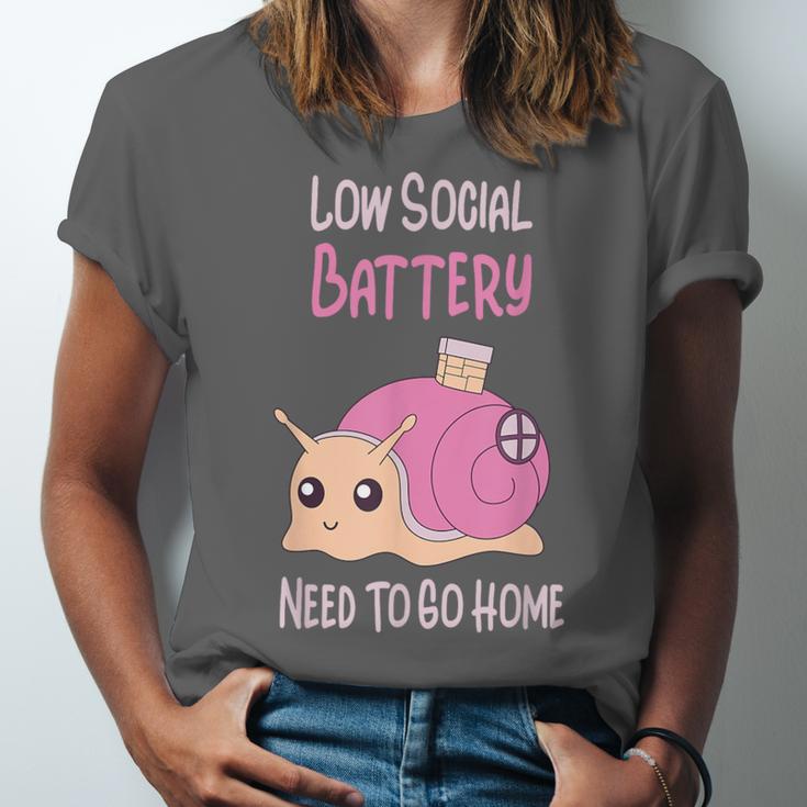 Low Social Battery Cute Snail With House Introvert Cozy Home Unisex Jersey T-Shirt Low Social Battery Cute Snail With House Introvert Cozy Home Unisex Jersey T-Shirt