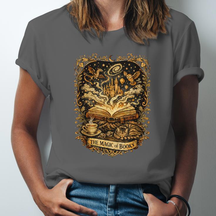 The Magic Of Books Vintage Style Reading Lover Cat & Tea Unisex Jersey T-Shirt The Magic Of Books Vintage Style Reading Lover Cat & Tea Unisex Jersey T-Shirt