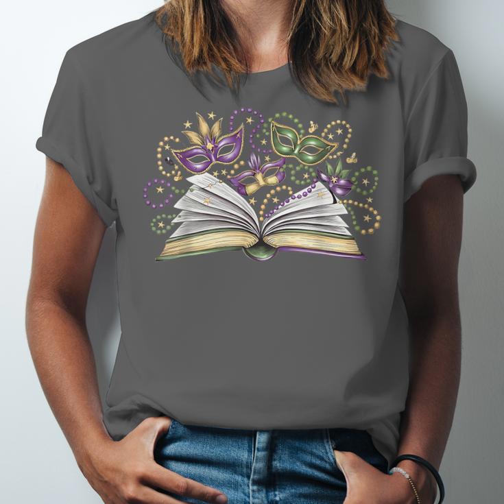 Mardi Gras Book Librarian Author Purple Beads Unisex Jersey T-Shirt