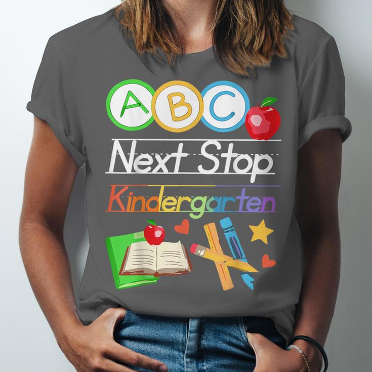 Next Stop Kindergarten Preschool Graduation 2025 Boy Girl Unisex Jersey T-Shirt