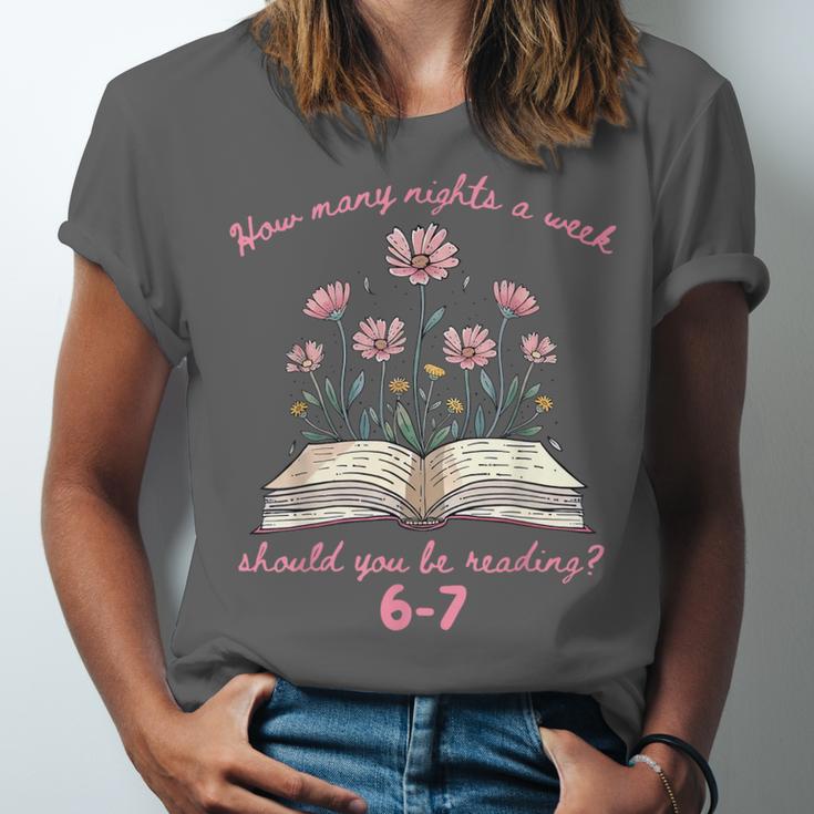 How Many Nights Reading 67 Meme Floral Book Lover Teacher Unisex Jersey T-Shirt
