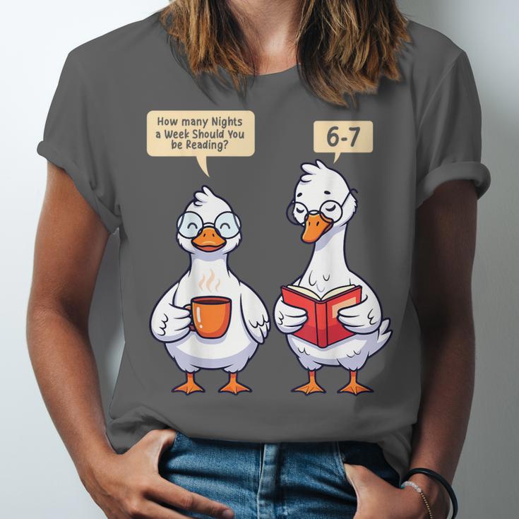 How Many Nights Reading Goose Book Lover Reader Unisex Jersey T-Shirt