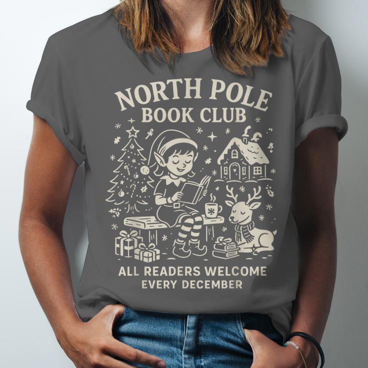 North Pole Book Club Christmas Elf Bookish Retro Graphic Unisex Jersey T-Shirt