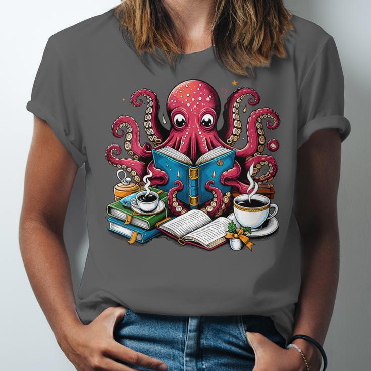 Octopus Reading Book Coffee Lover Bookaholic Bookworm Reader Unisex Jersey T-Shirt Octopus Reading Book Coffee Lover Bookaholic Bookworm Reader Unisex Jersey T-Shirt
