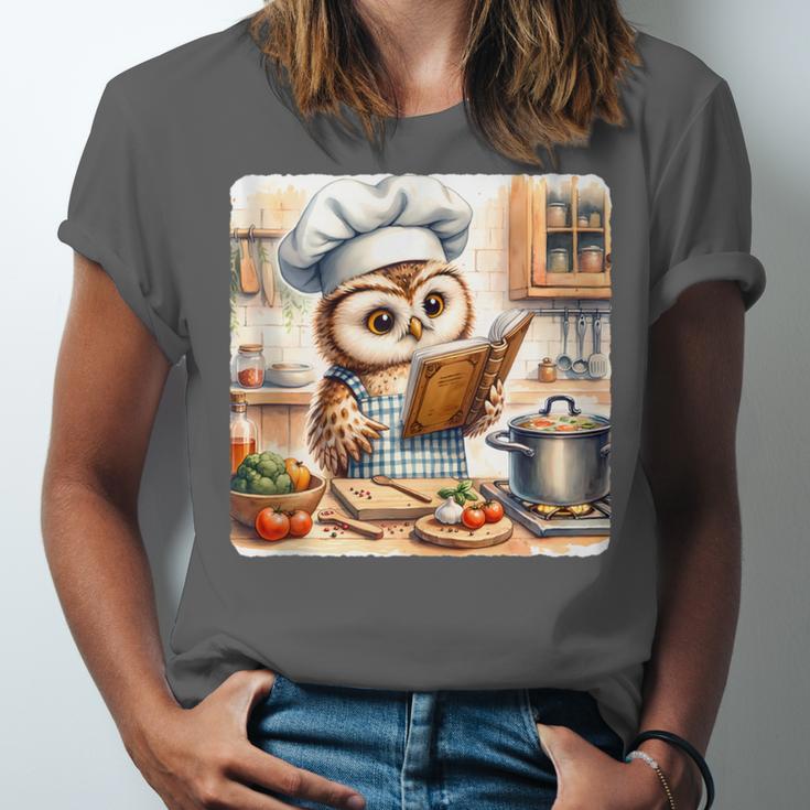 Owl Learning To Cook With Cookbook Chef Apron Stove Cooking Unisex Jersey T-Shirt