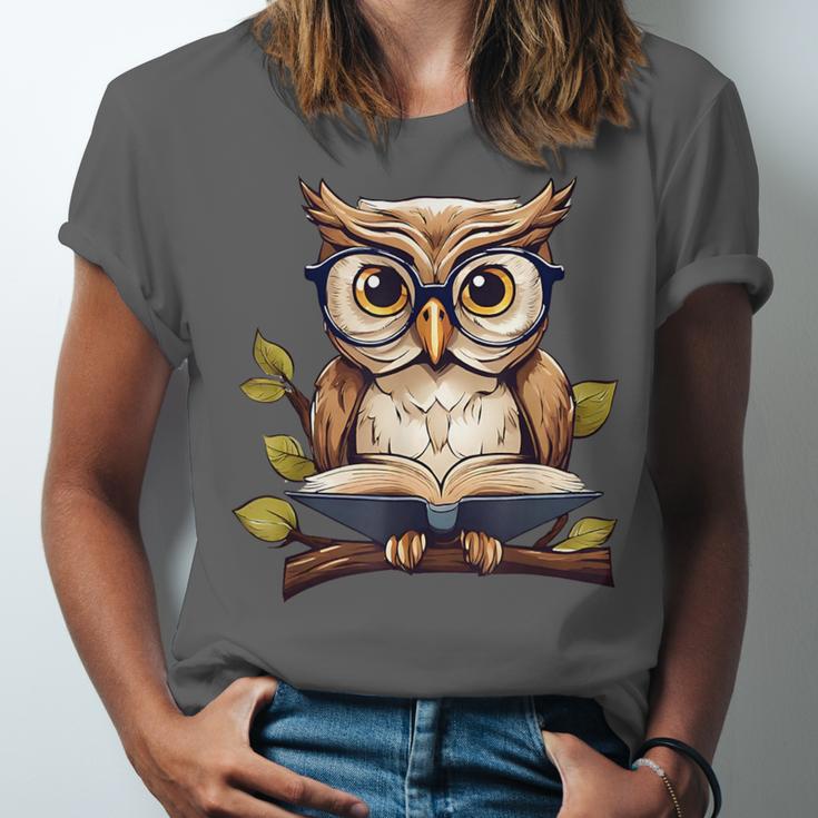 Owl Reading A Book Perched On A Branch Bookworm Unisex Jersey T-Shirt