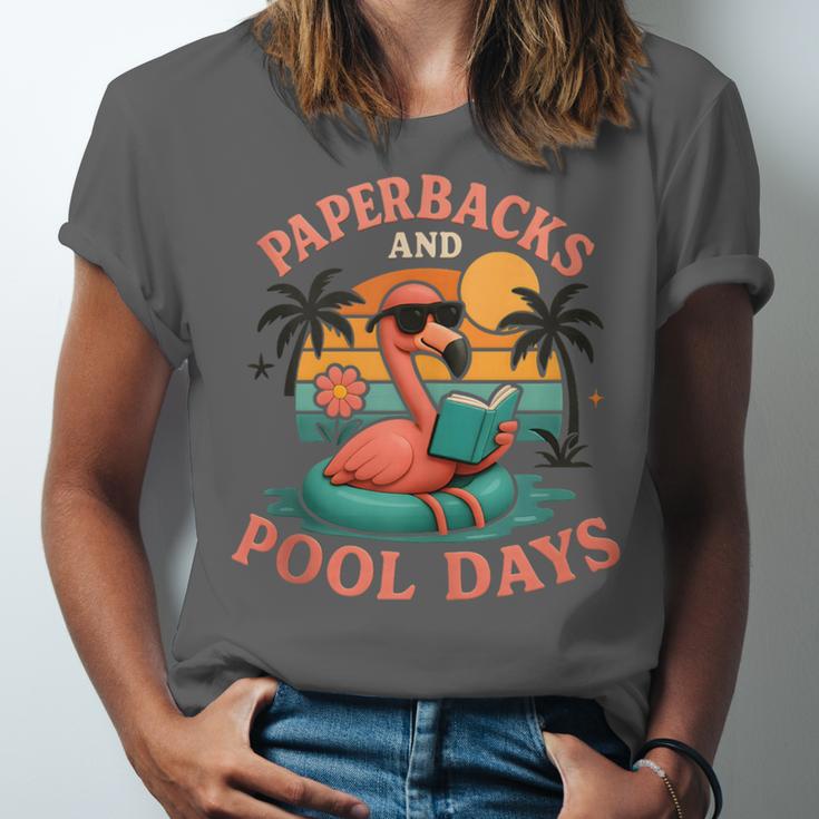 Paperbacks And Pool Days Flamingo Reading Summer Vibes Books Unisex Jersey T-Shirt