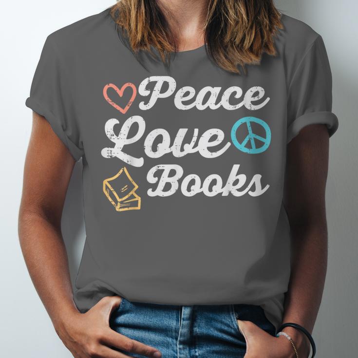 Peace Love Books Read Book Reading Librarian Across America Unisex Jersey T-Shirt