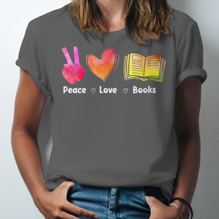 Peace Love Books Reader Librarian Library Book Unisex Jersey T-Shirt