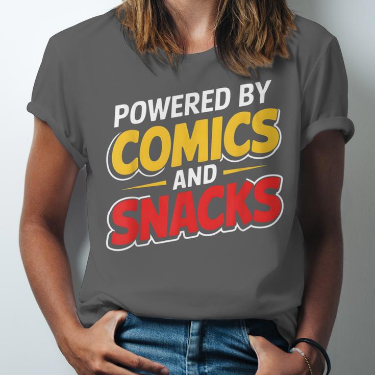 Powered By Comics And Snacks Comic Book Lover Unisex Jersey T-Shirt Powered By Comics And Snacks Comic Book Lover Unisex Jersey T-Shirt