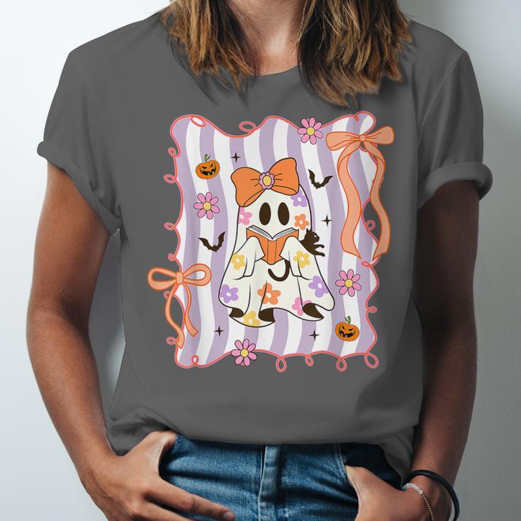 Preppy Coquette Bow Ghost Reading Books Halloween Book Unisex Jersey T-Shirt
