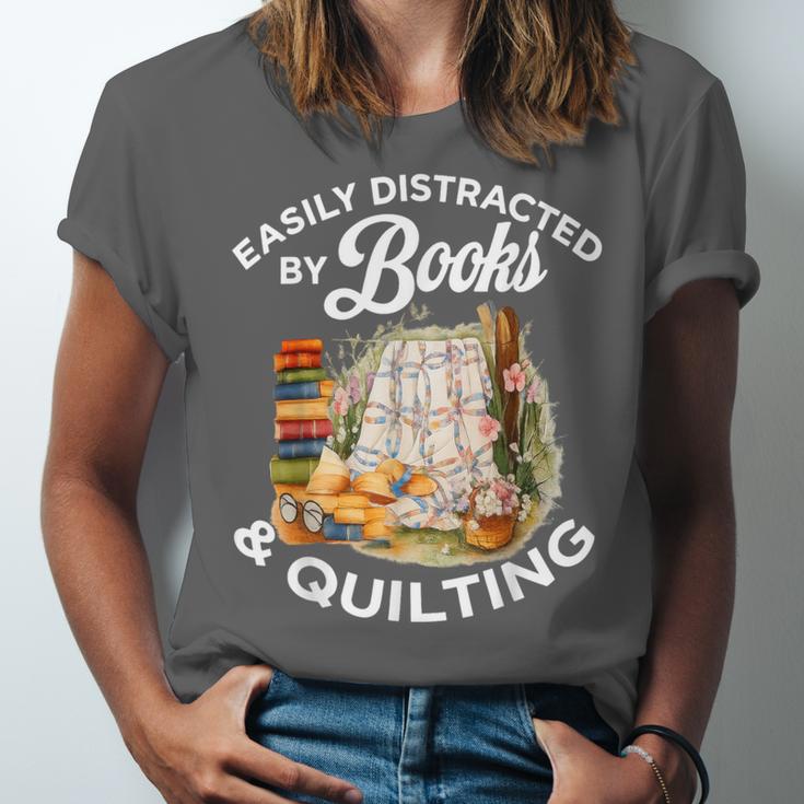Quilting Sewing Machine Quilter Easily Distracted By Book Unisex Jersey T-Shirt