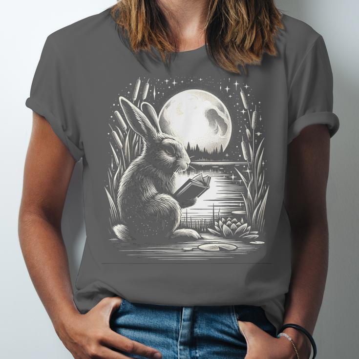 Rabbit Reading Book Full Moon Lake Scenery Unisex Jersey T-Shirt Rabbit Reading Book Full Moon Lake Scenery Unisex Jersey T-Shirt