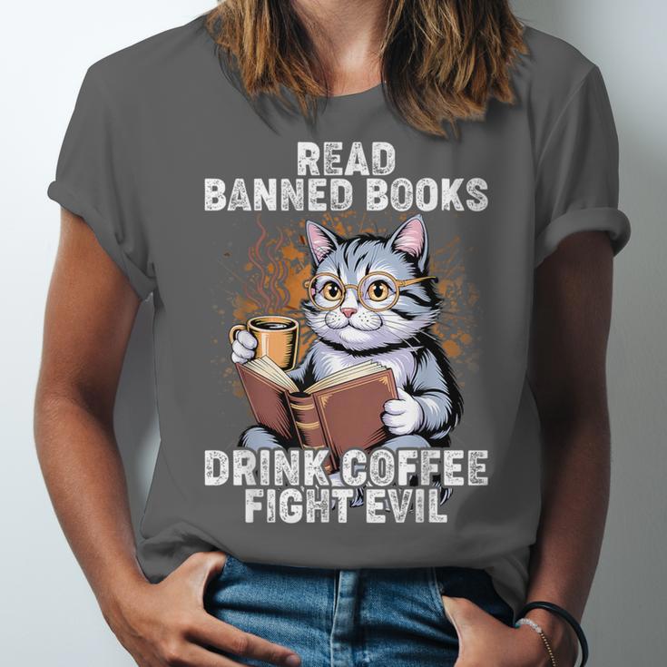 Read Banned Books Drink Coffee Fight Evil Cat Unisex Jersey T-Shirt