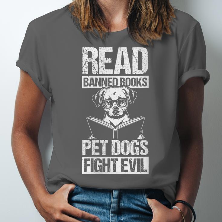 Read Banned Books PET DOGS FIGHT EVIL Read Banned Books Dog Unisex Jersey T-Shirt