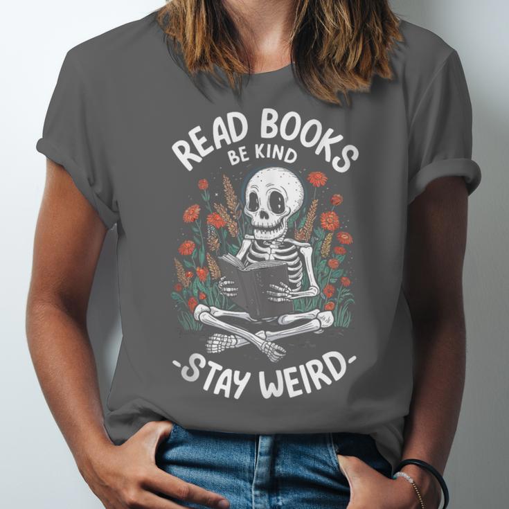 Read Books Be Kind Stay Weird Skeleton Reading Goth Flower Unisex Jersey T-Shirt Read Books Be Kind Stay Weird Skeleton Reading Goth Flower Unisex Jersey T-Shirt
