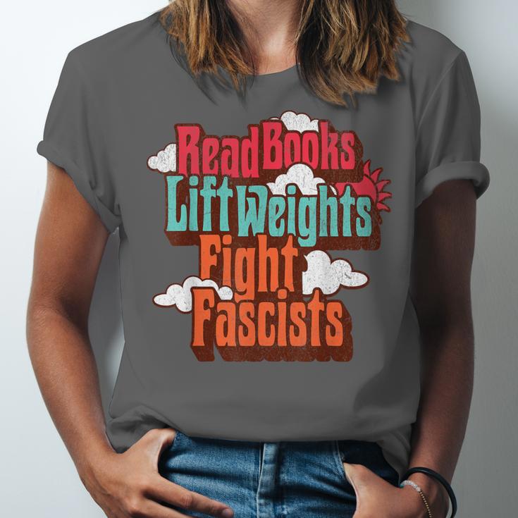 Read Books Lift Weights Fight Fascists Reading No Kings Unisex Jersey T-Shirt Read Books Lift Weights Fight Fascists Reading No Kings Unisex Jersey T-Shirt