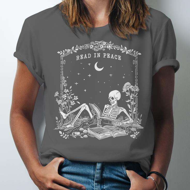 Read In Peace Skeleton Reading Book Halloween Bookish Unisex Jersey T-Shirt