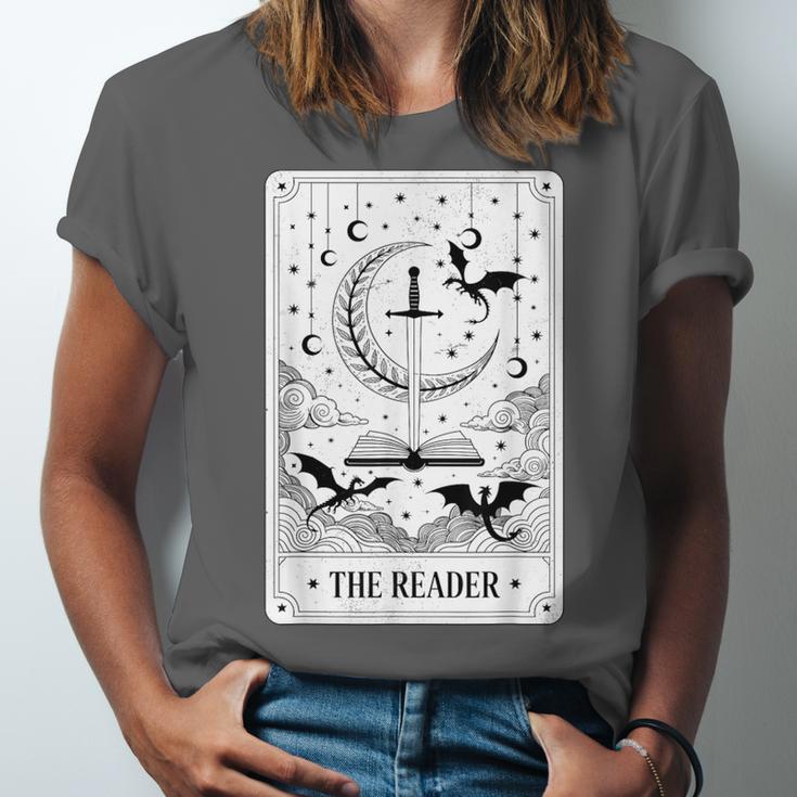 The Reader Tarot Card Bookworm Books Lover Dragon Librarians Unisex Jersey T-Shirt