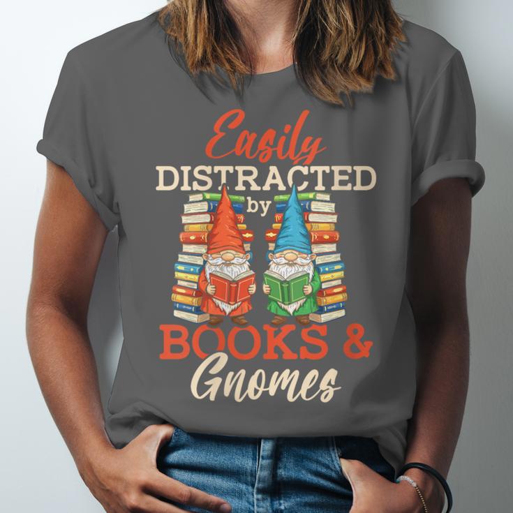 Reading Gnomes Cute Easily Distracted By Books And Gnomes Unisex Jersey T-Shirt