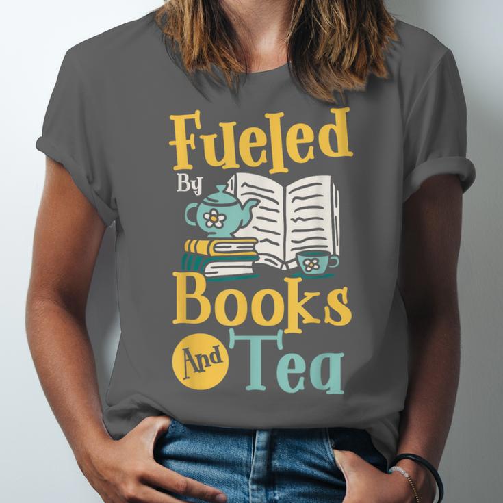 Reading Hobby Bookshelves Library Fueled By Books And Tea Unisex Jersey T-Shirt