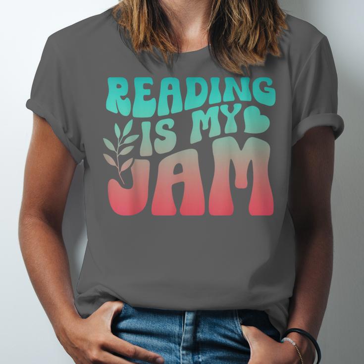 Reading Is My Jam Book Lover Bookworm Teacher Library Reader Unisex Jersey T-Shirt