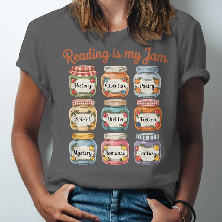 Reading Is My Jam Cute Jelly Jars Book Genres Unisex Jersey T-Shirt