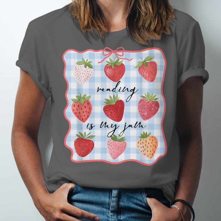 Reading Is My Jam Preppy Stawberry Bookworm Book Lover Nerd Unisex Jersey T-Shirt