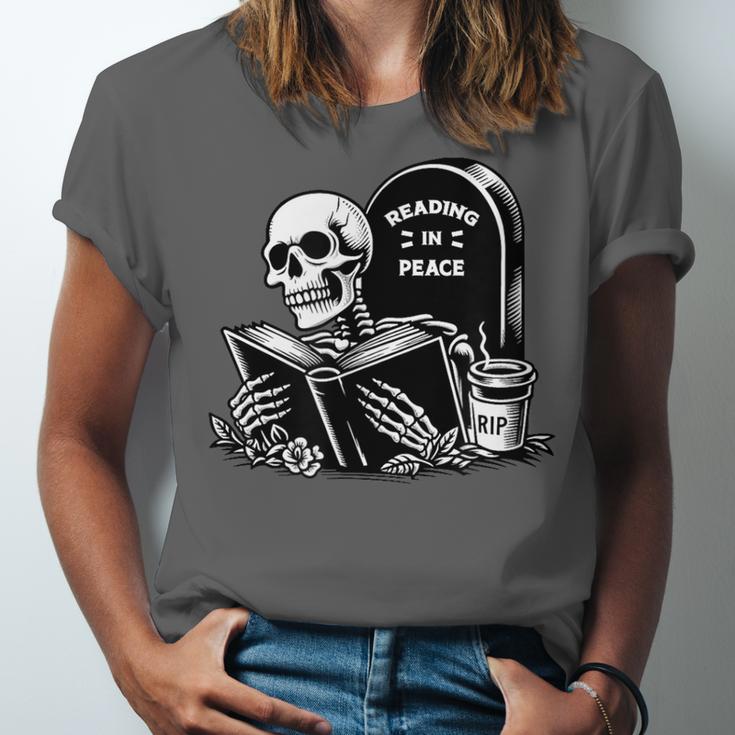 READING IN PEACE RIP Introvert Skeleton Read Book Meme Unisex Jersey T-Shirt