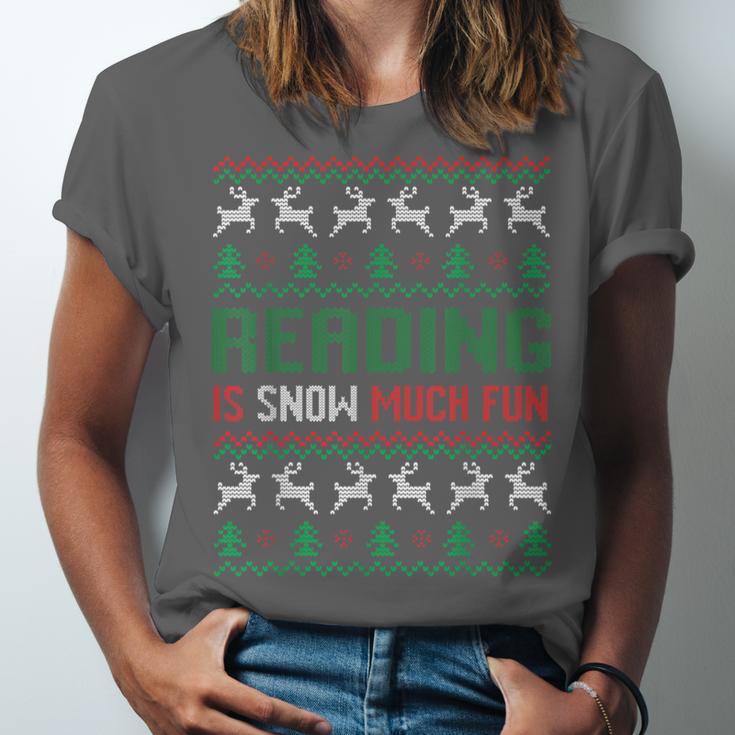 Reading Is Snow Much Fun Winter Bookworm Reading Book Lovers Unisex Jersey T-Shirt