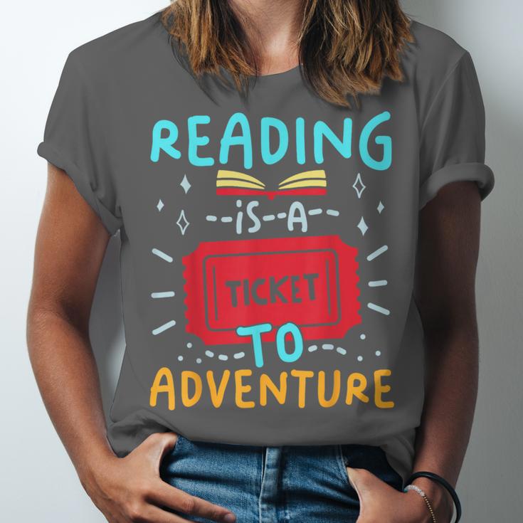 Reading Is A Ticket To Adventure Fun Book Lovers Fun Unisex Jersey T-Shirt Reading Is A Ticket To Adventure Fun Book Lovers Fun Unisex Jersey T-Shirt