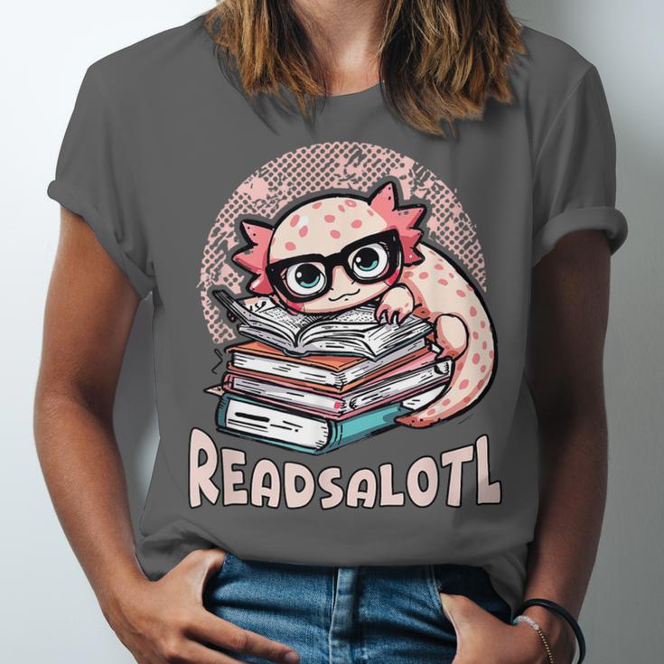 Readsalotl Axolotl Reading Books Glasses Bookworm Pun Fun Unisex Jersey T-Shirt