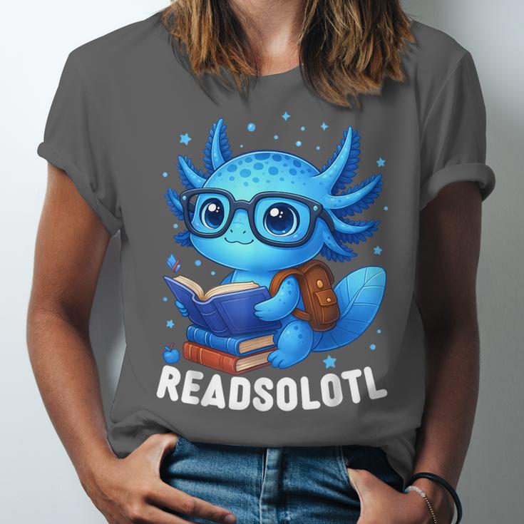 Readsolotl Blue Kawaii Axolotl Book Lover Reading Unisex Jersey T-Shirt