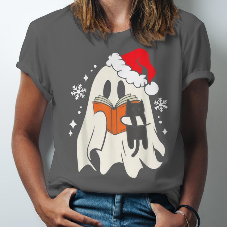 Retro Ghost Reading Book With Cat Bookish Club Christmas Men Women Kids Unisex Jersey T-Shirt