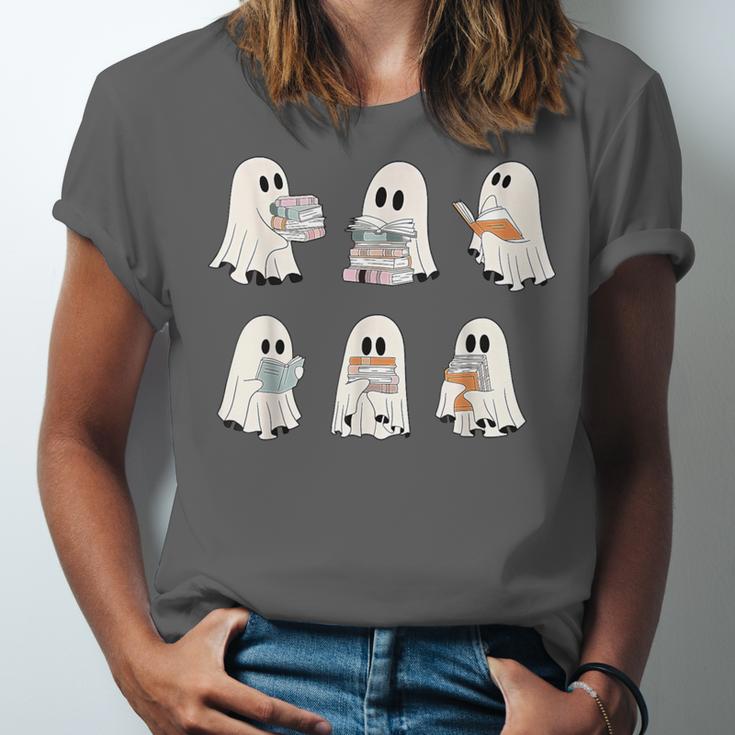 Retro Ghost Reading Books Halloween Bookish Ghost Bookworm Unisex Jersey T-Shirt
