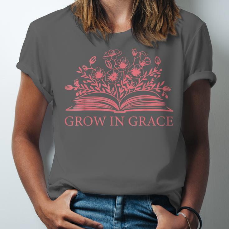 Retro Grow In Grace Wildflower Book Christian Bible Verse Unisex Jersey T-Shirt
