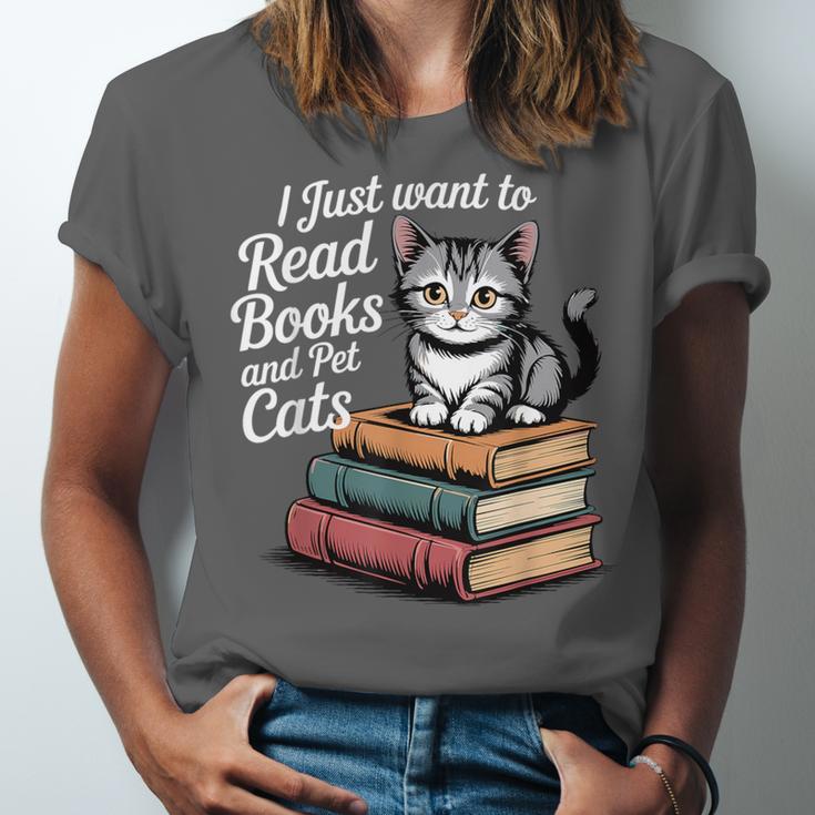 Retro I Just Want To Read Books And Pet Cats Cat For Men Women Kids Unisex Jersey T-Shirt