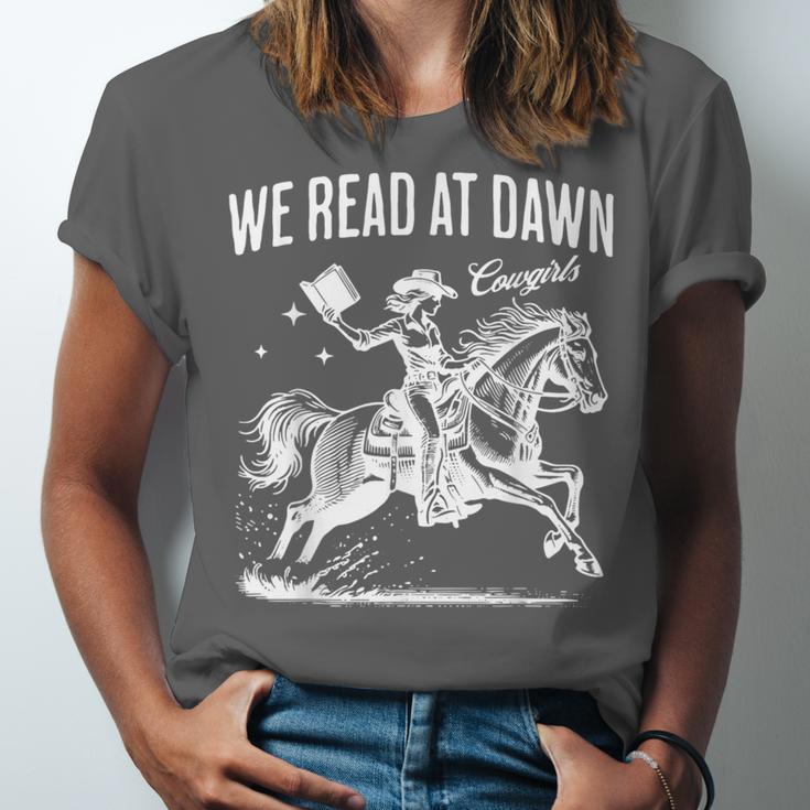 Retro We Read At Dawn Cowgirl Western Librarian Book Lover Unisex Jersey T-Shirt