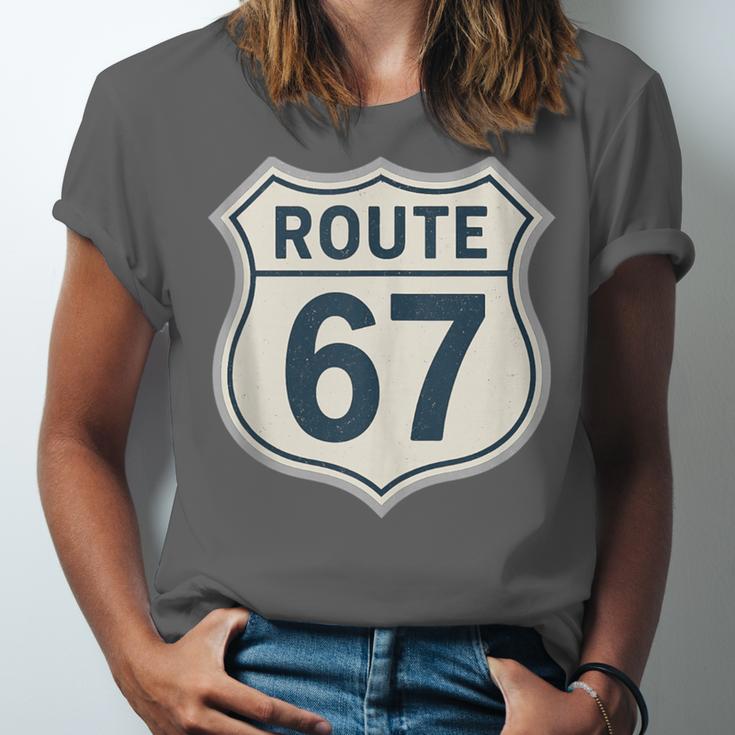 Retro Route 67 Highway Sign Vintage Road Nostalgia Unisex Jersey T-Shirt Retro Route 67 Highway Sign Vintage Road Nostalgia Unisex Jersey T-Shirt