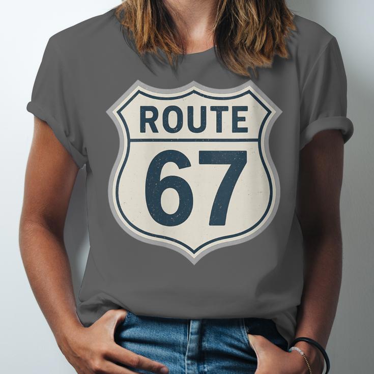 Retro Route 67 Highway Sign Vintage Road Nostalgia Unisex Jersey T-Shirt Retro Route 67 Highway Sign Vintage Road Nostalgia Unisex Jersey T-Shirt