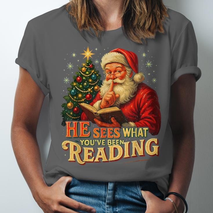 He Sees What You’Ve Been Reading Santa Book Lover Christmas Unisex Jersey T-Shirt