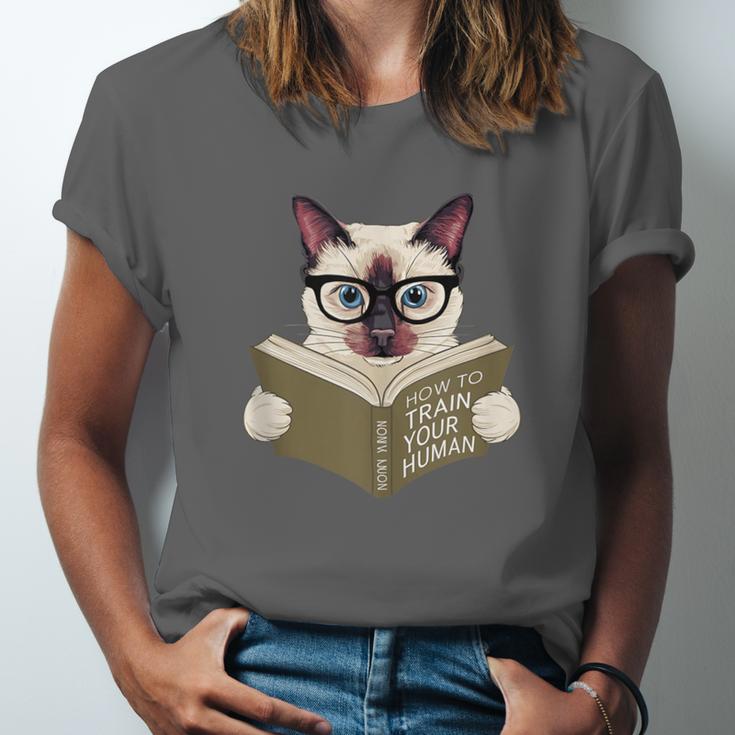 Siamese Cat Reading Book How To Train Your Human Humorous Unisex Jersey T-Shirt