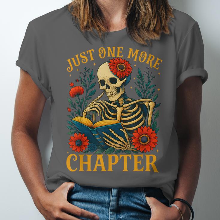 Skeleton Read Book Just One More Chapter Floral Book Lover Unisex Jersey T-Shirt