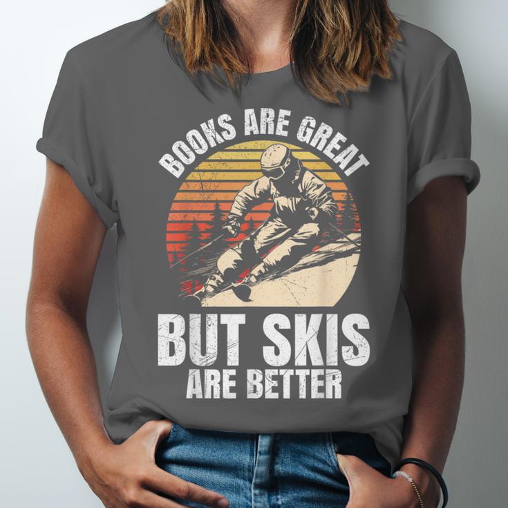 Skier BOOKS ARE GREAT BUT SKIS ARE BETTER Vintage Unisex Jersey T-Shirt Skier BOOKS ARE GREAT BUT SKIS ARE BETTER Vintage Unisex Jersey T-Shirt